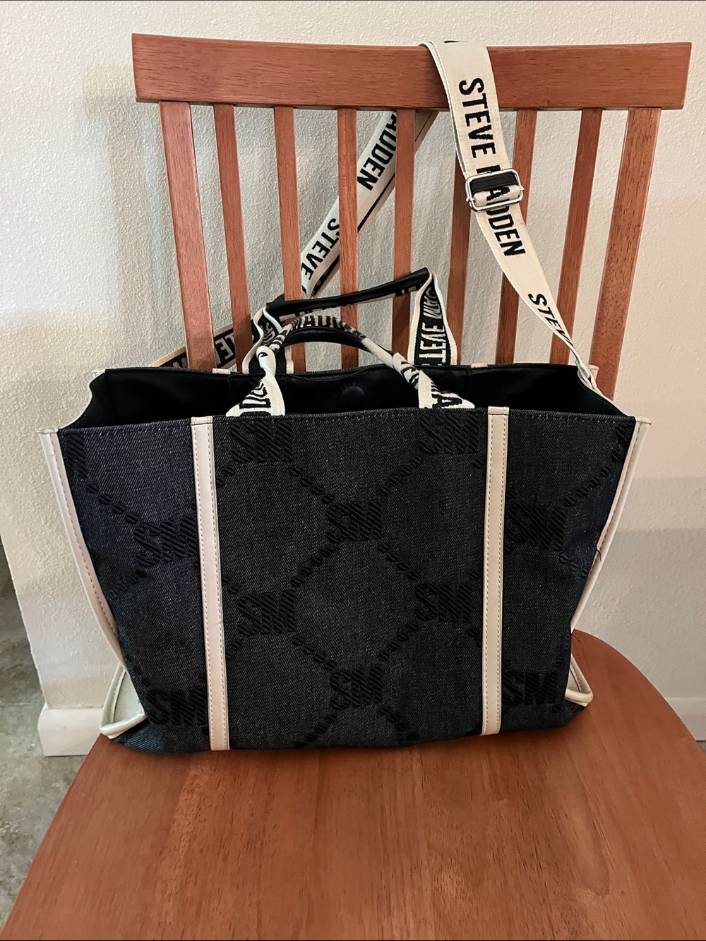 Steve Madden Bsantam Black & Cream Canvas Tote and Logo Strap